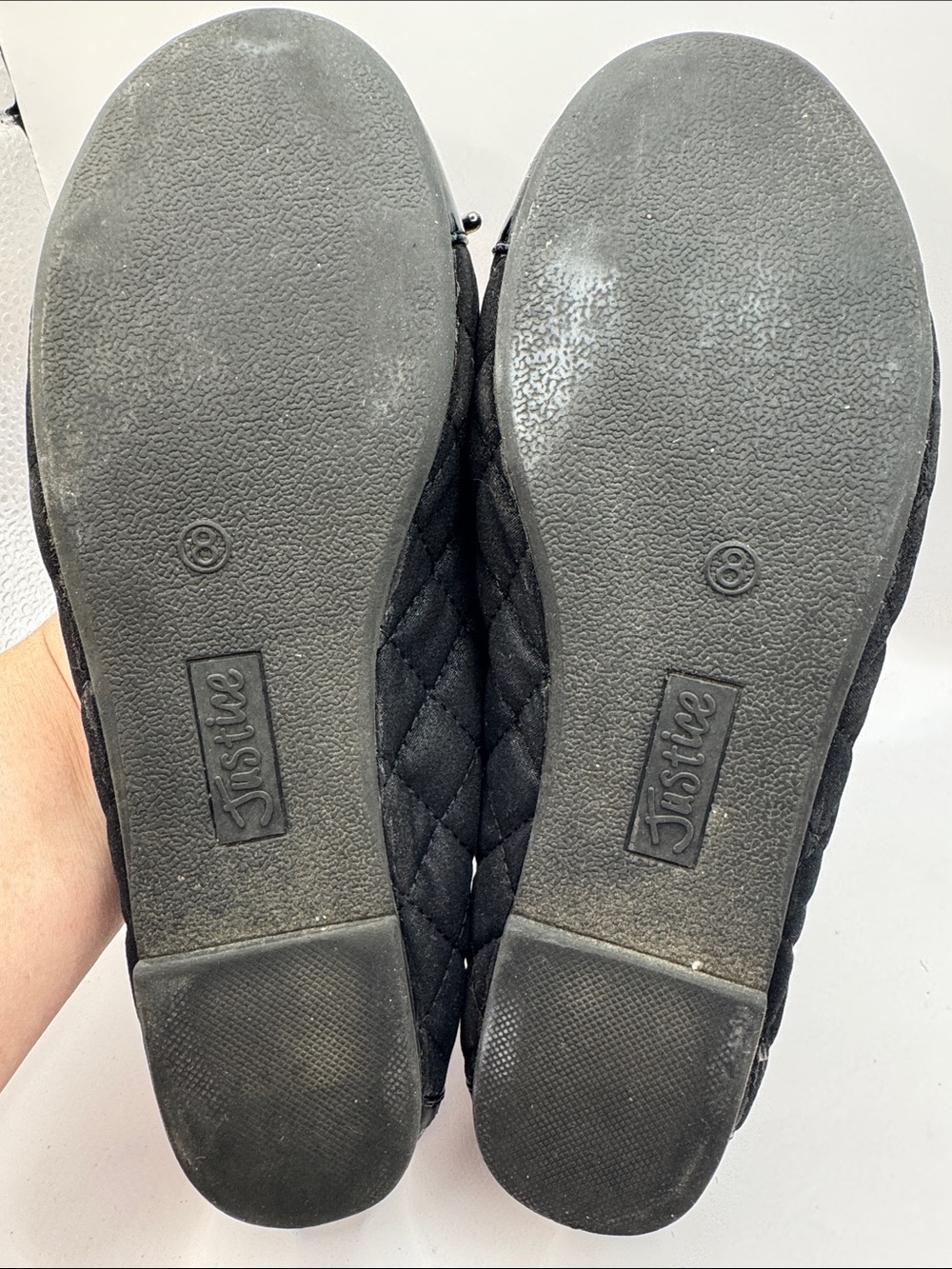 Justice Black Quilted Ballet Flats Patent Toe Bow Slip On Shoes Size 8 - Picture 11 of 12
